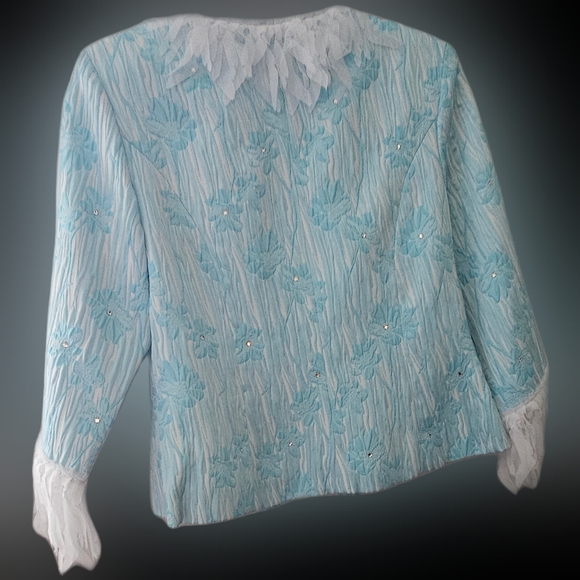 ISABEL Elegant Formal Jacket Turquoise White Rhinestones “Feather” Trim Like New - Picture 3 of 11